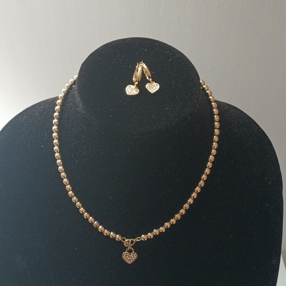 ANNE KLEIN 'S Gold-Tone Crystal Heart Pendant NECKLACE AND Hoop EARRINGS.